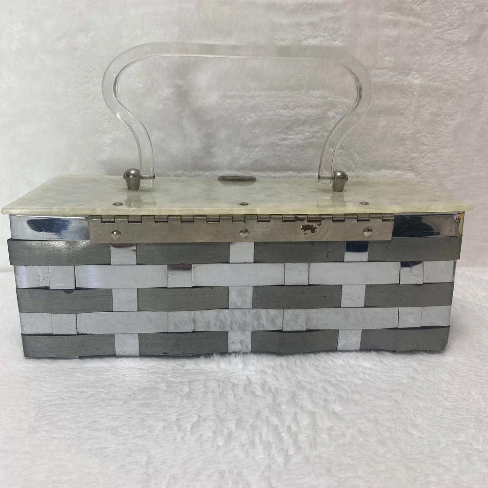 VTG Dorset Rex Lucite Basket Weave Metal Purse Silver White Bakelite Lid Handbag